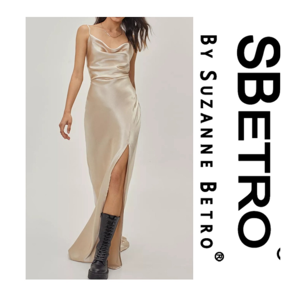 Sbetro by Suzanne Betro Beige Satin Maxi Slip Dress Size M